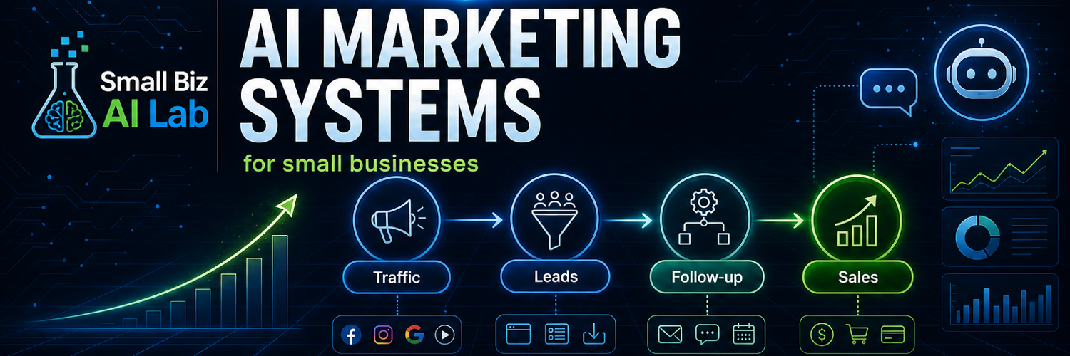 Small Biz AI Lab AI Marketing Systems banner showing traffic, leads, follow-up, and sales.